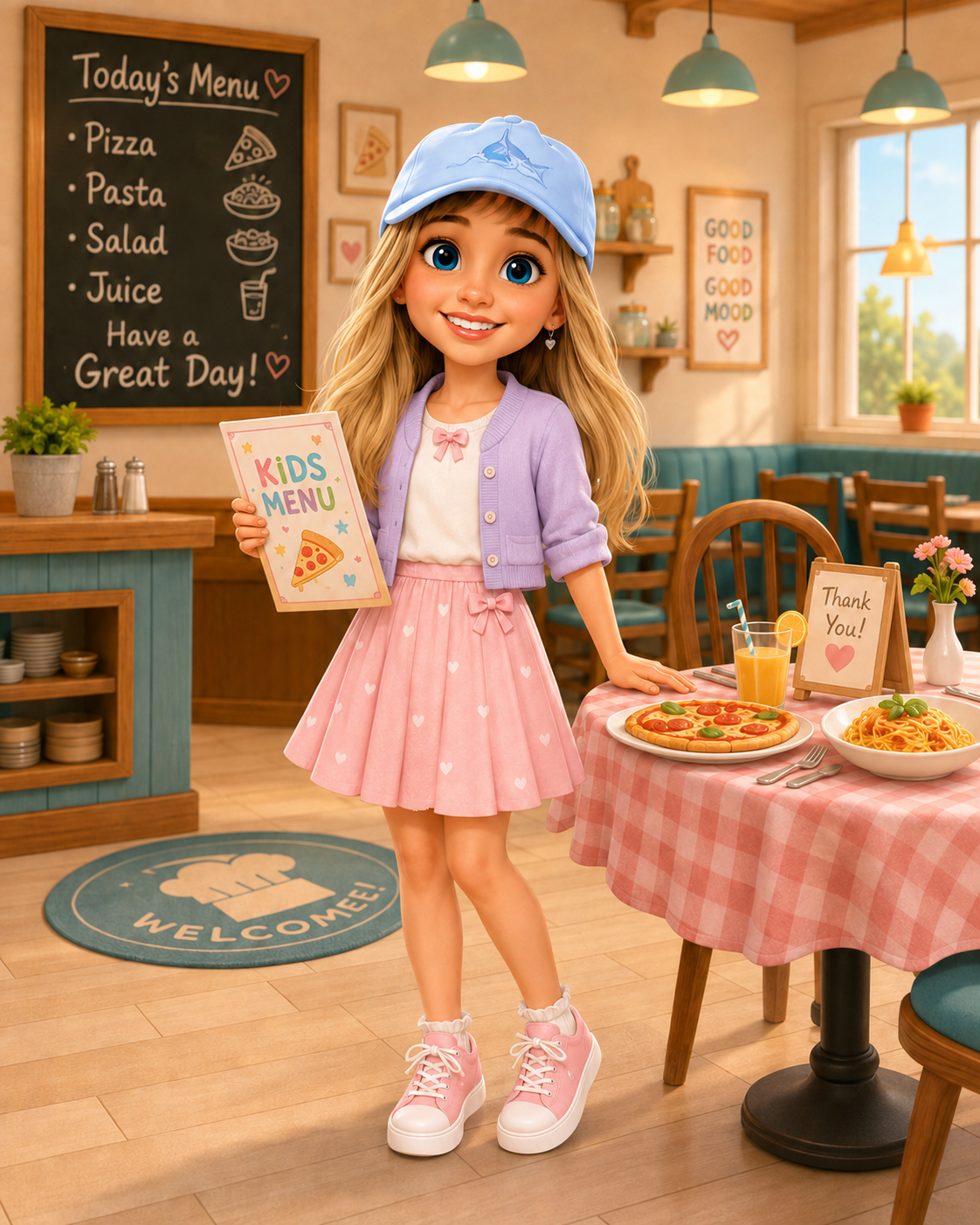 Illustrated child with a menu in a family restaurant