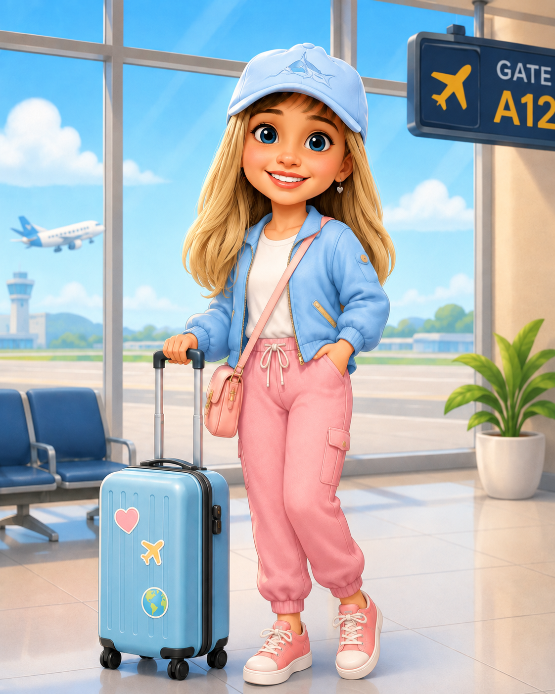 Illustrated child with luggage at an airport