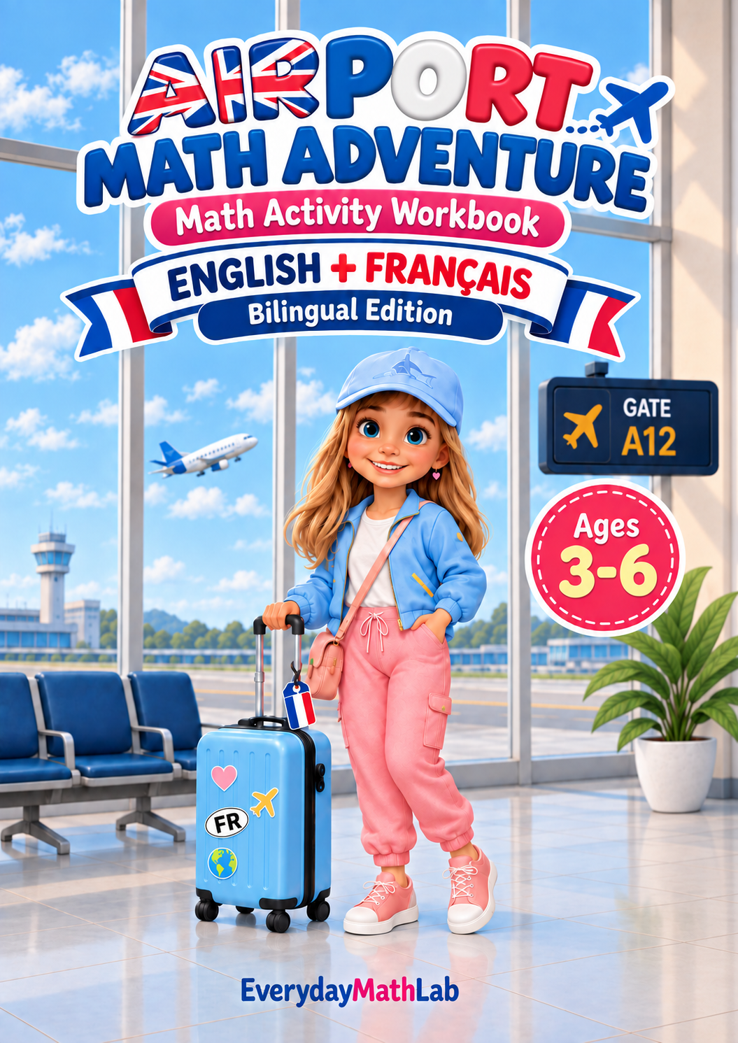 English and French Airport Math Adventure printable workbook for ages 3 to 6
