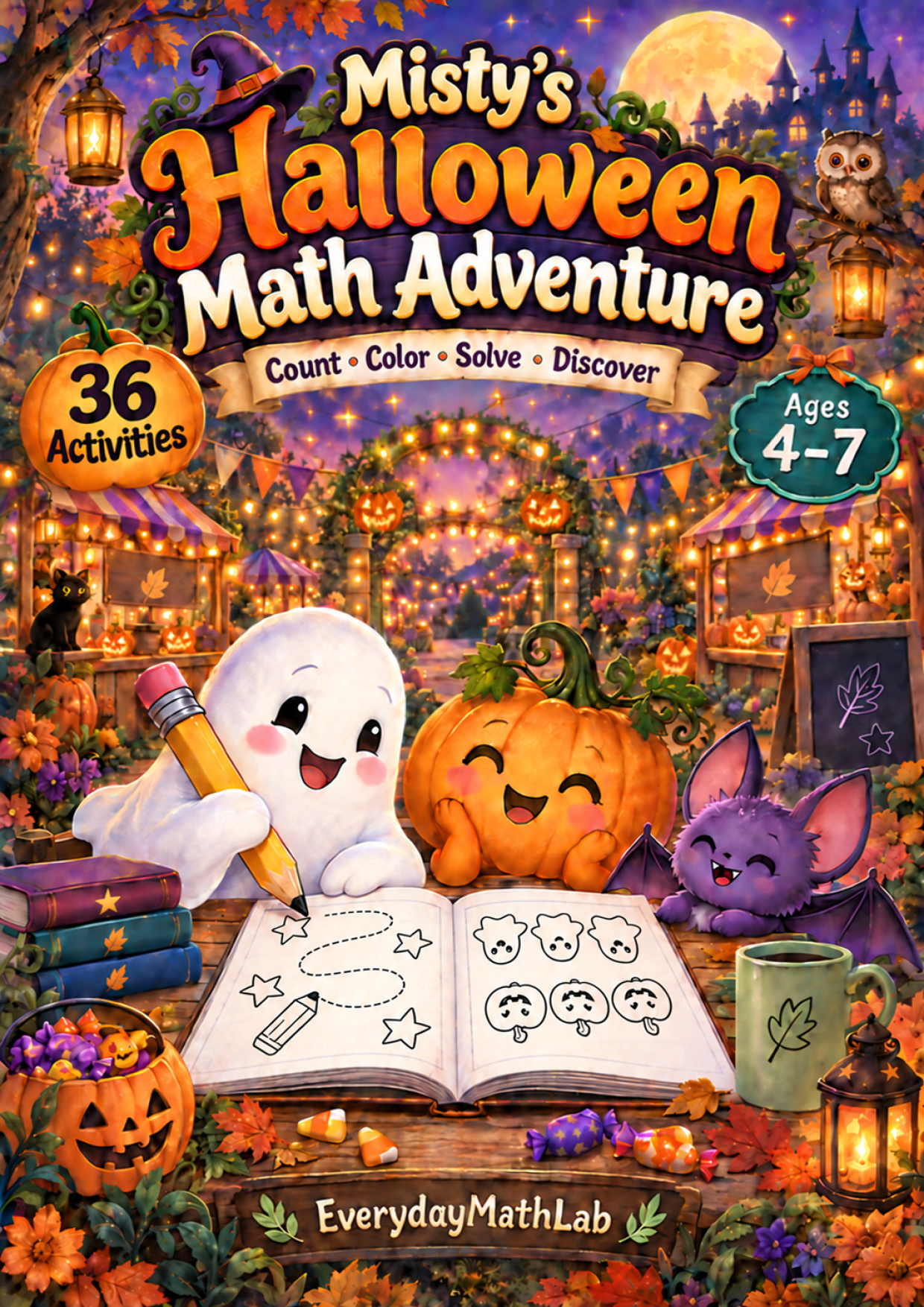 Misty’s Halloween Math Adventure printable workbook for ages 4 to 7