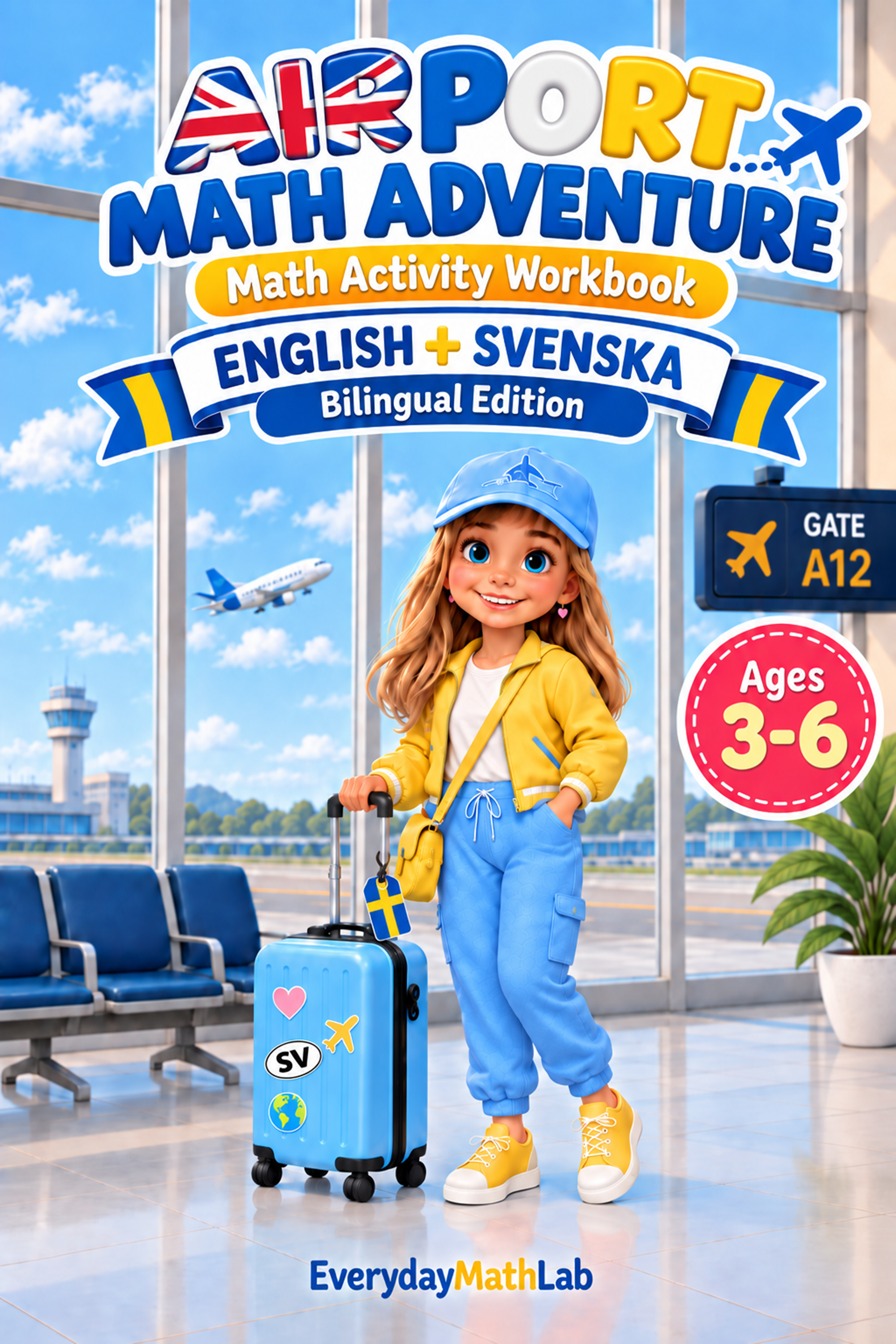 English and Swedish Airport Math Adventure printable activity pack for ages 3 to 6
