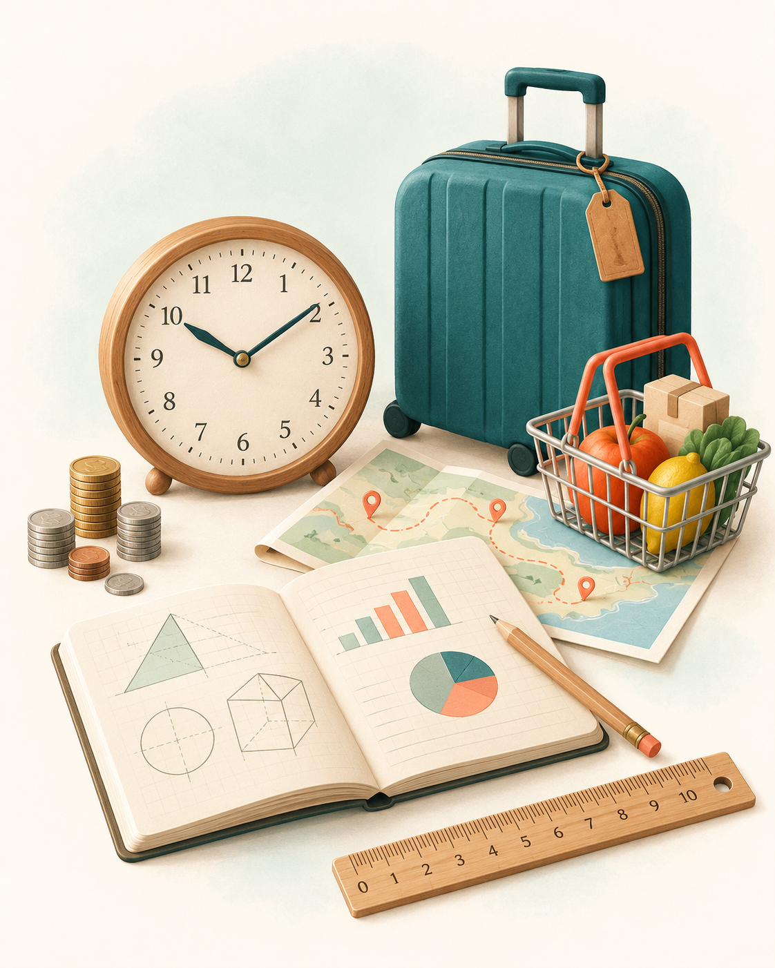 A clock, coins, travel suitcase, route map, ruler and open notebook illustrating math in everyday life