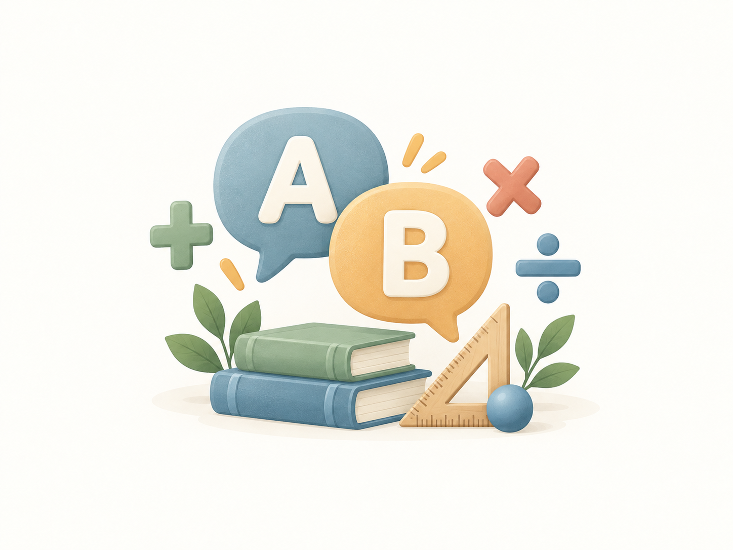 Language bubbles, math symbols and books representing bilingual math learning