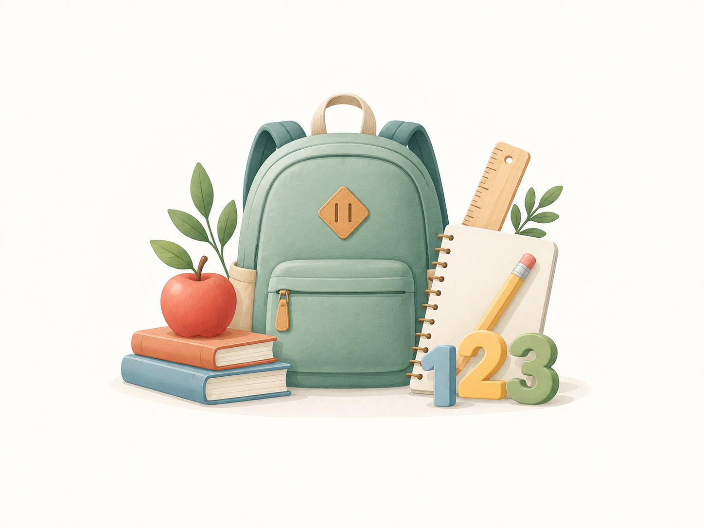 School backpack, books, ruler, notebook and number blocks representing grade readiness