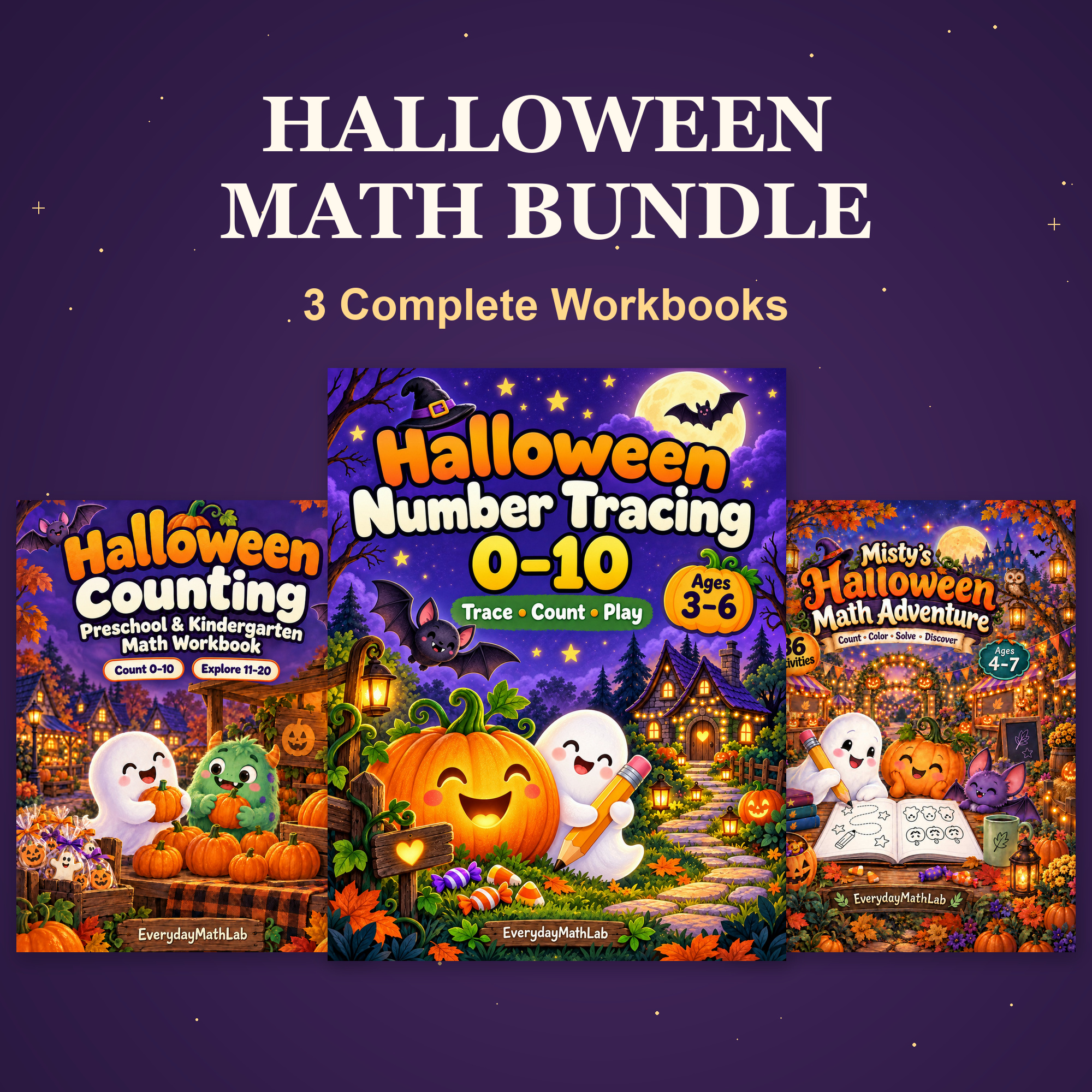 Halloween Math Bundle with three printable preschool and kindergarten workbooks