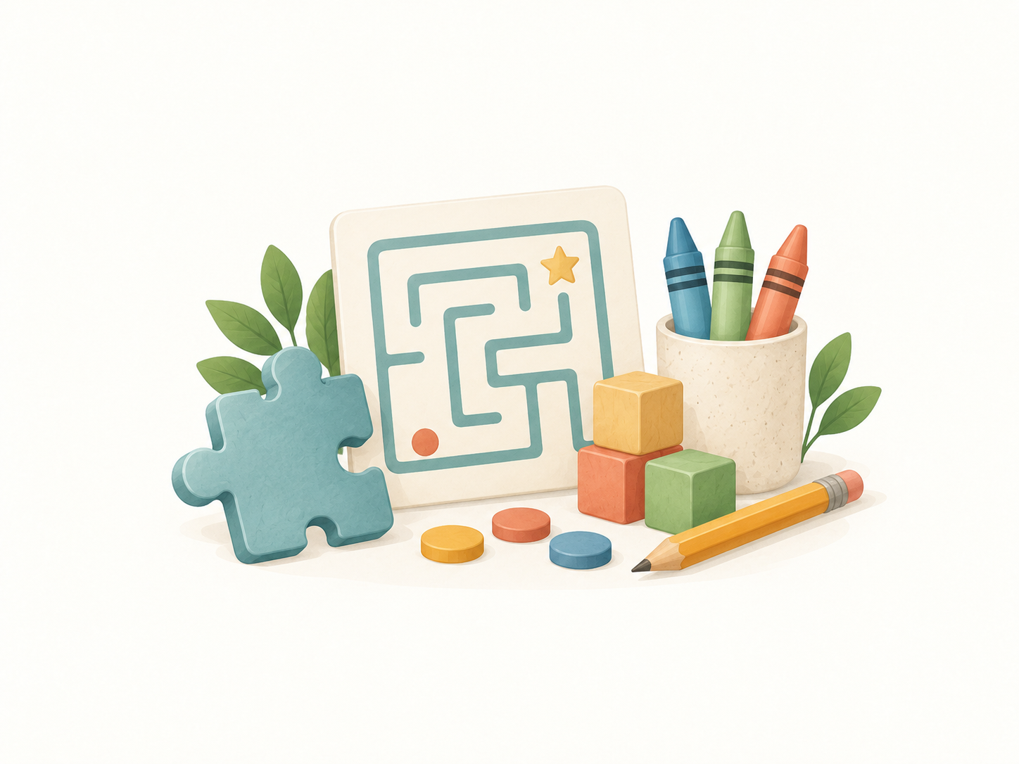 Maze, puzzle piece, blocks, crayons and pencil representing math games and activities