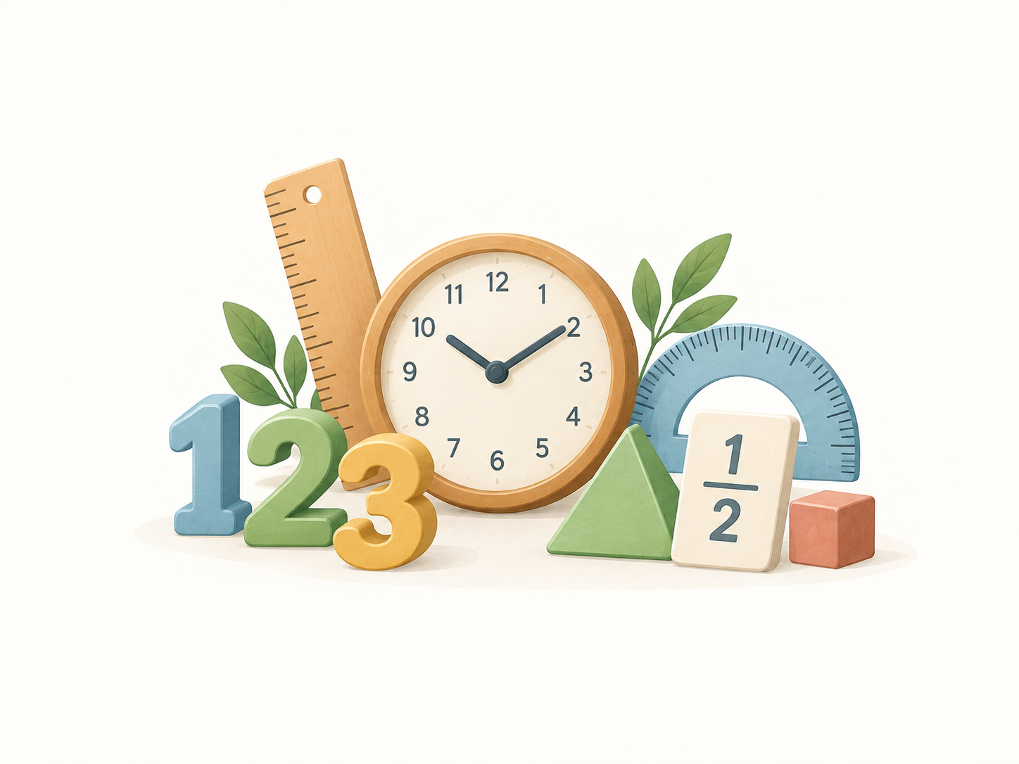 Clock, ruler, protractor, fraction card, shapes and numbers representing essential math skills