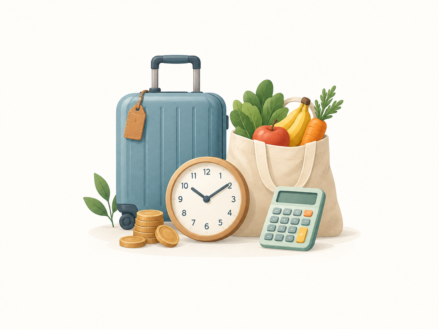 Suitcase, groceries, clock, coins and calculator representing real-life math