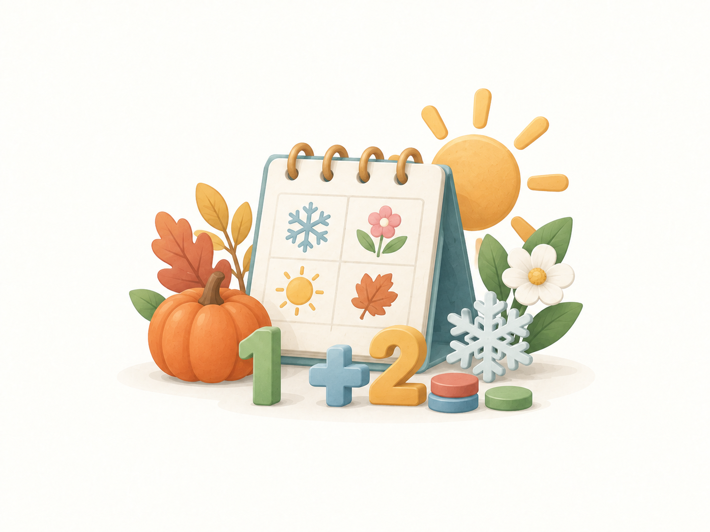 Seasonal calendar with autumn leaves, pumpkin, sun, flowers and snowflakes
