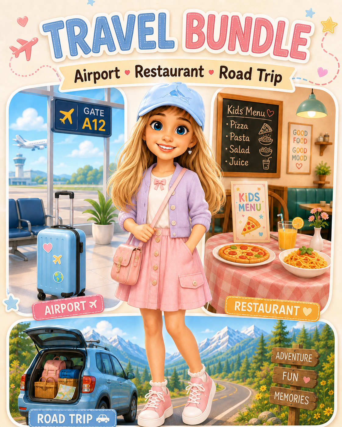 Travel Math Bundle cover with airport, restaurant, and road-trip scenes
