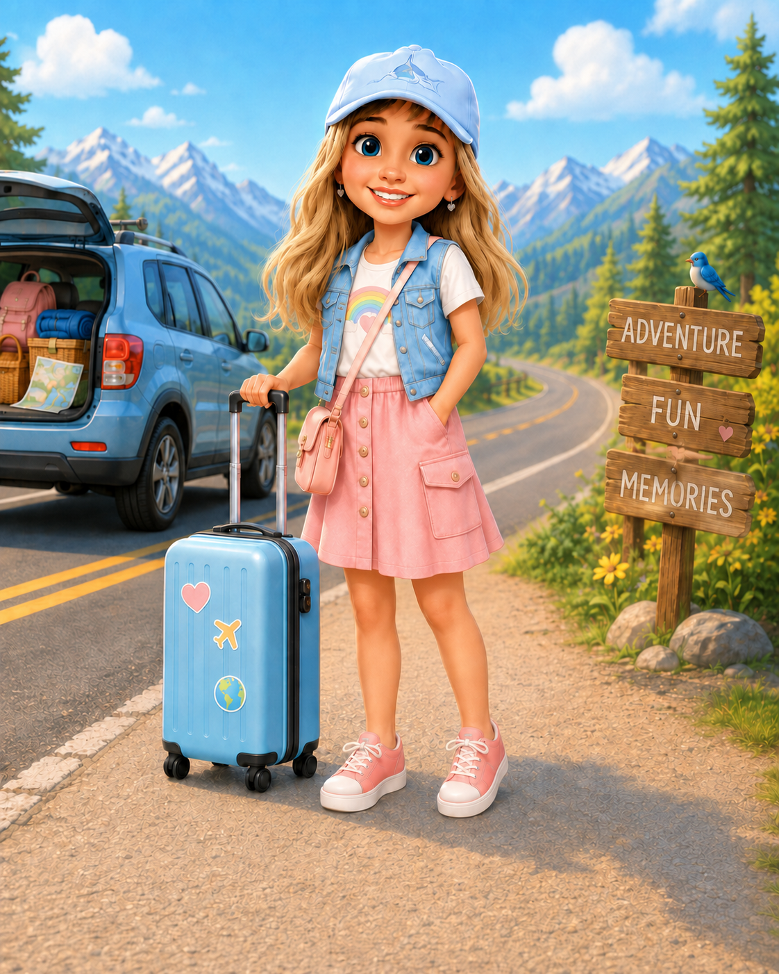 Illustrated child ready for a mountain road trip